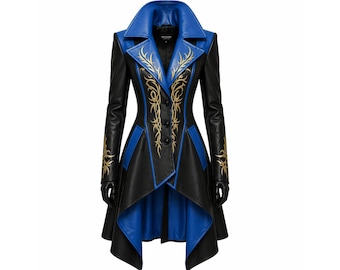 Women's Black Blue Leather Gothic Victorian Trench Coat with Gold Embroidery Jacket