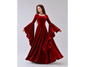 Crimson Velvet Maxi Dress – Bell Sleeve Medieval Fantasy Gown Gothic Renaissance