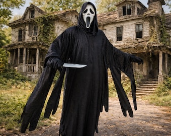 Black Ghost Cloak Mask Halloween Outfit Scary Grim Reaper Hooded Robe Cosplay Party