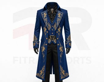 Royal Blue Victorian Men's Trench Coat with Gold Lion Embroidery – Steampunk Gothic Gentleman Jacket