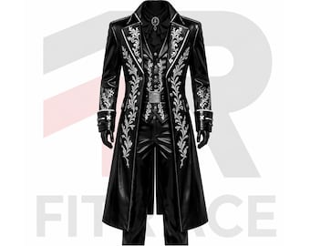 Black Gothic Victorian Tailcoat Set with Steampunk Embroidery – Faux Leather Costume