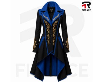 Gothic Cotton Long Coat: Victorian Steampunk Tailcoat with Gold Embroidery Overcoat