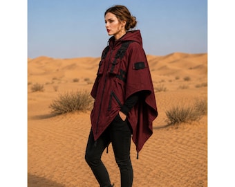 Poncho tattico da donna bordeaux con cappuccio / Mantello da deserto cyberpunk / Mantello streetwear oversize / Giacca con cappuccio futuristica / Outfit da festival