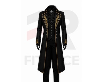 Men’s Black Gothic Victorian Tailcoat | Gold Embroidered Steampunk Long Jacket | Military Wedding Coat Custom