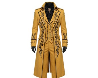 Men's Yellow Cotton Coat with Black Embroidery – Slim Fit Streetwear Jacket
