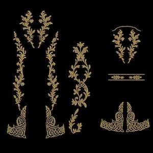May include: A collection of gold-colored embroidery designs on a black background, featuring intricate floral vine patterns, symmetrical leafy branches, a horizontal border with leaf motifs, and complex Celtic-inspired knotwork corner accents.