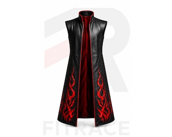 Men's Black Leather Long Vest Coat: Red Flame Gothic Cyberpunk Trench Style (Custom Sizing)