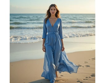 Blue Linen Wrap Maxi Dress: Boho Beach Wedding Guest, Flowy Resort Wear
