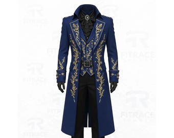 Men's Blue Victorian Tailcoat, Gold Baroque Embroidery, Steampunk Cosplay Jacket