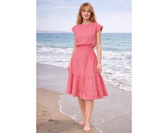 Blush Pink Linen Midi Dress Women Square Neck Summer Outfit Sleeveless Tiered Skirt