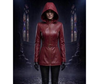 Red Leather Hooded Jacket: Slim Fit Gothic Streetwear Coat