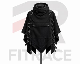 Black Techwear Poncho Cloak: Gothic Utility Harness Cape, Futuristic Cyberpunk Streetwear Jacket