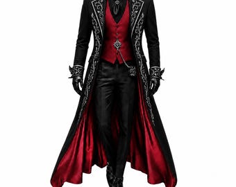 Pode incluir: Um casaco comprido preto com bordados florais prateados, um colete vermelho, calças pretas e uma camisa preta. O casaco tem um forro vermelho, enquanto o colete inclui uma corrente prateada. Luvas pretas e botas pretas completam o conjunto.
