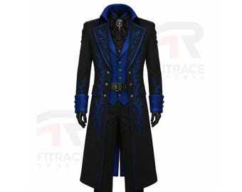 Men's Black Blue Embroidered Victorian Tailcoat – Gothic Steampunk Aristocrat Formal Wear