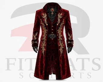 Red Velvet Victorian Tailcoat: Gothic Steampunk Embroidered Long Jacket Outfit