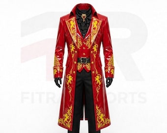 Red PVC Royal Tailcoat: Gold Embroidery, Victorian Steampunk Statement Jacket
