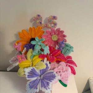 May include: A colorful bouquet of handmade pipe cleaner flowers in a pink vase. The arrangement includes orange, pink, yellow, blue, and purple flowers. The number "25" is displayed above the flowers.