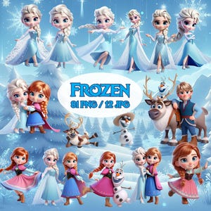 Puede incluir: Una colección digital de personajes de Frozen que incluye a Elsa, Anna, Olaf, Sven y Kristoff en varias poses. Los personajes están renderizados en un estilo animado 3D sobre un fondo azul nevado con el texto Frozen 81 PNG / 12 JPG.