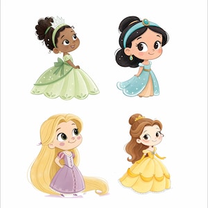 May include: Four cartoon illustrations of princesses. One princess wears a green dress and a crown. Another wears a blue dress and a headband. A third princess has long blonde hair and a purple dress. The last princess wears a yellow dress and a gold crown.