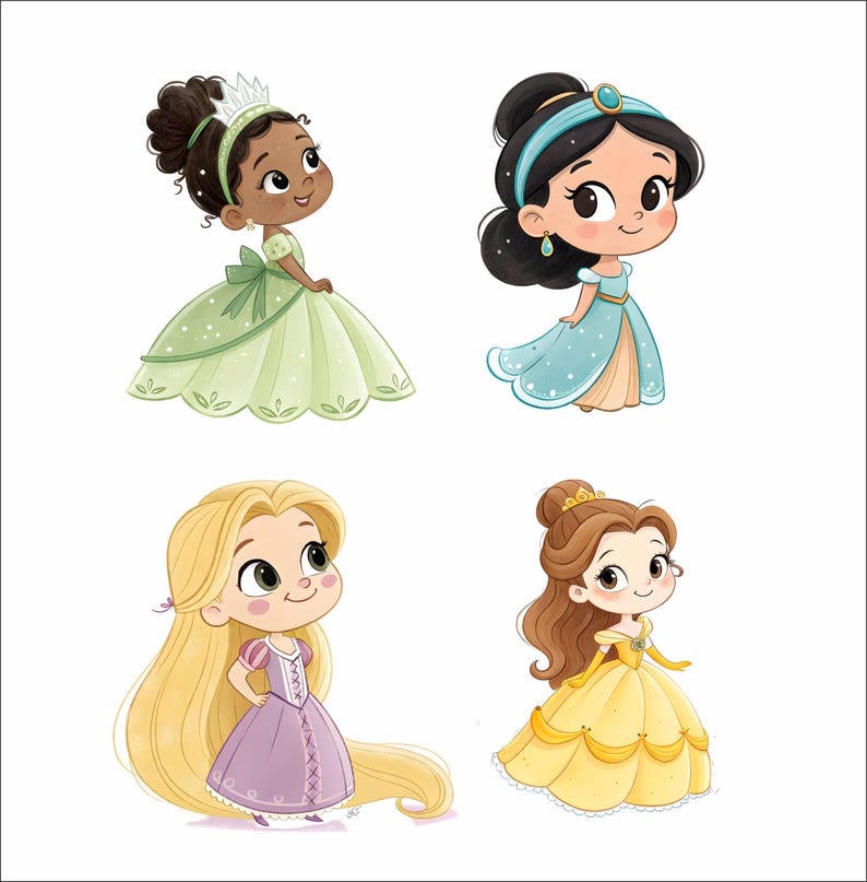 May include: Four cartoon illustrations of princesses. One princess wears a green dress and a crown. Another wears a blue dress and a headband. A third princess has long blonde hair and a purple dress. The last princess wears a yellow dress and a gold crown.