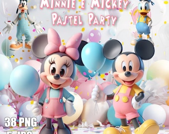 Pacchetto di illustrazioni di Topolino e Minnie per feste a tema pastello - Festa di Topolino - Festa di Minnie - Grafica digitale per stampa e sublimazione.