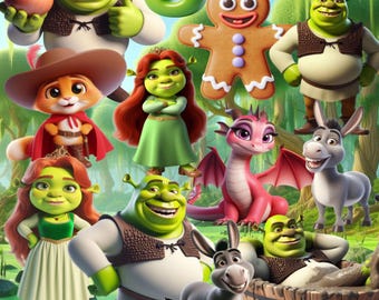 Shrek Clipart, Shrek PNG-paket, digitala filer för Shrek-födelsedag med åsna, Fiona, Shrek-tårtdekorationer - direktnedladdning