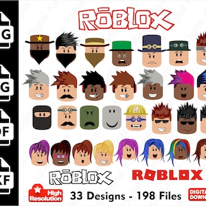 Puede incluir: Gráfico digital con 33 diseños de personajes de Roblox con varios peinados, sombreros y expresiones. El logotipo de Roblox se muestra en rojo. Los formatos de archivo incluyen PNG, SVG, PDF y DXF. La imagen es de alta resolución con 198 archivos.