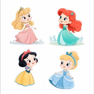 May include: Four cartoon illustrations of princesses. One princess wears a pink dress and a gold crown. Another has red hair and a teal dress. A third princess wears a yellow dress and a red bow. The last princess is in a blue dress.