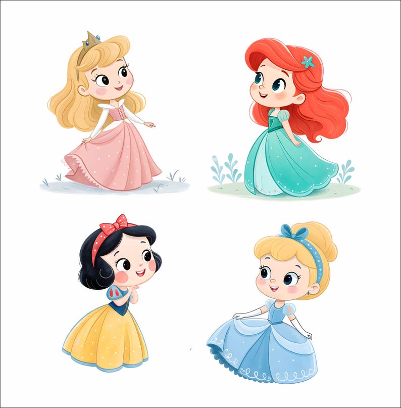 May include: Four cartoon illustrations of princesses. One princess wears a pink dress and a gold crown. Another has red hair and a teal dress. A third princess wears a yellow dress and a red bow. The last princess is in a blue dress.