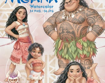 May include: Digital illustration set featuring Moana characters including a young woman, a toddler, a large tattooed man, and a small creature. The text reads Moana Watercolor 24 PNG / 06 JPG. The characters are depicted in a watercolor art style.