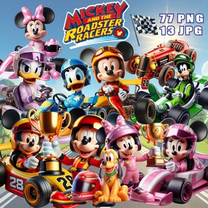 以下が含まれることがあります： ミッキーマウスとロードレーサーズのキャラクターたちがレーシングギアを身につけ、車に乗っているデジタルグラフィック。ミッキー、ミニー、ドナルド、デイジー、グーフィー、プルートが含まれています。テキストには「Mickey and the Roadster Racers」、「77 PNG」、「13 JPG」と書かれています。