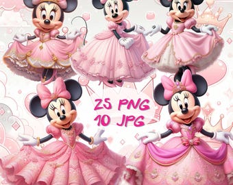 Pacote de Clipart da Minnie Rosa Real, 25 Ilustrações PNG, 10 Papéis Digitais, Arte da Princesa Minnie, Arte para Sublimação Minnie Princesa