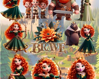 Raccolta di clipart PNG di Brave, Pacchetto di clipart per sublimazione di Merida, Topper per festa di compleanno Brave Valiente PNG, Pacchetto di clipart di Merida di Brave