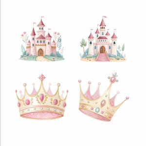 May include: Watercolor illustrations of fairytale castles and crowns. The castles are pink with red roofs and flags, surrounded by greenery. The crowns are gold and pink, adorned with pink gemstones.