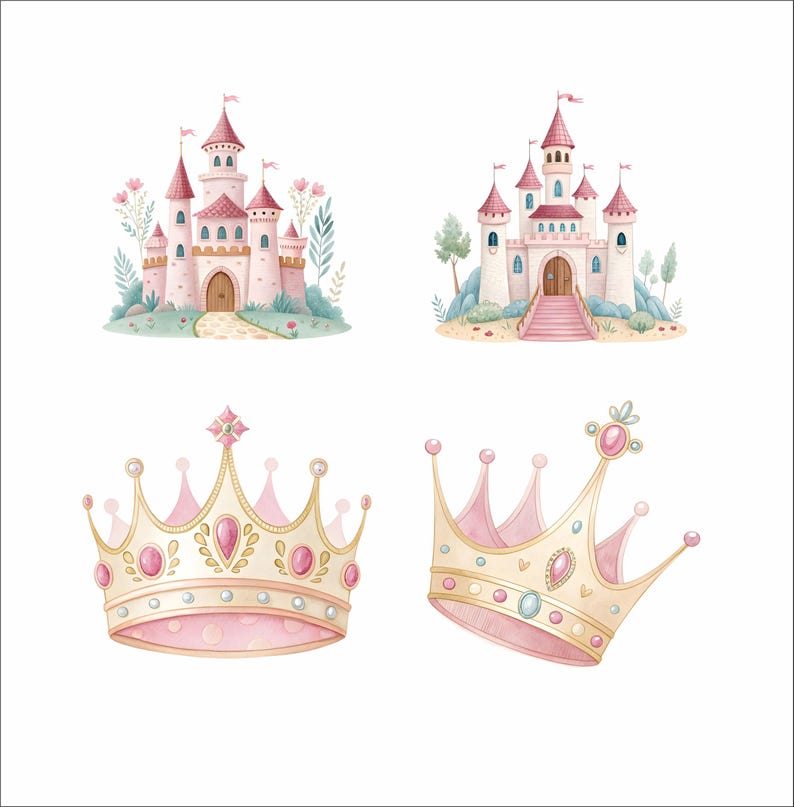 May include: Watercolor illustrations of fairytale castles and crowns. The castles are pink with red roofs and flags, surrounded by greenery. The crowns are gold and pink, adorned with pink gemstones.