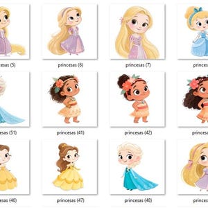 May include: A collection of colorful illustrations of various princesses, each in a unique dress and hairstyle. The images are labeled with the word "princesas" followed by a number in parentheses.