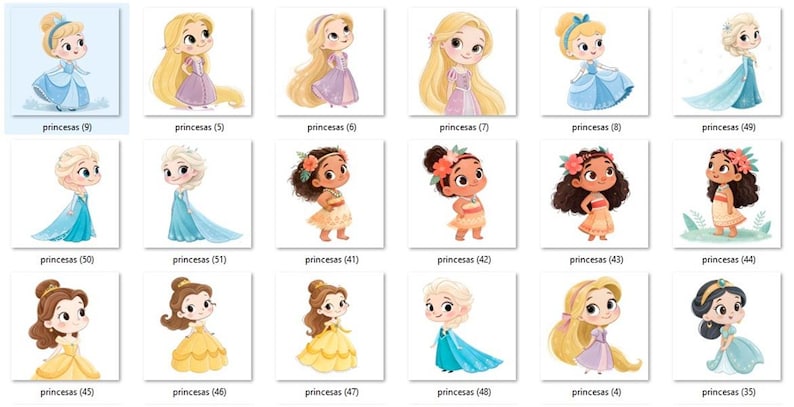 May include: A collection of colorful illustrations of various princesses, each in a unique dress and hairstyle. The images are labeled with the word "princesas" followed by a number in parentheses.