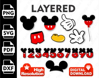 Musse Pigg SVG Nummerpaket - Lagrade Disney-stilnummer - Cricut, Sulhouette - Sublimering och hantverkskonst - Clipart