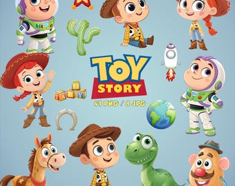 May include: A digital collection of Toy Story character illustrations including Woody, Jessie, Buzz Lightyear, Bullseye, Rex, and Mr. Potato Head, along with icons like a rocket, cactus, star, globe, and alphabet blocks, with the text Toy Story 41 PNG / 8 JPG.