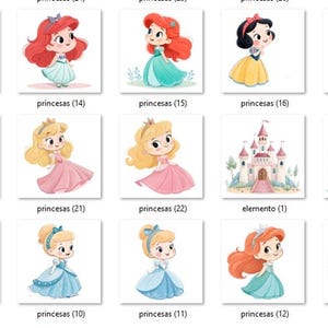 May include: A collection of watercolor illustrations featuring various princesses in colorful gowns. The images include princesses with red, blonde, and black hair, as well as castles and crowns. The text "princesas" is visible.