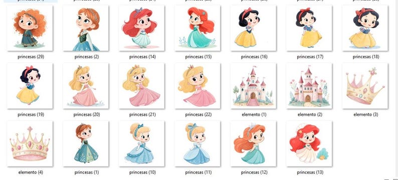 May include: A collection of watercolor illustrations featuring various princesses in colorful gowns. The images include princesses with red, blonde, and black hair, as well as castles and crowns. The text "princesas" is visible.