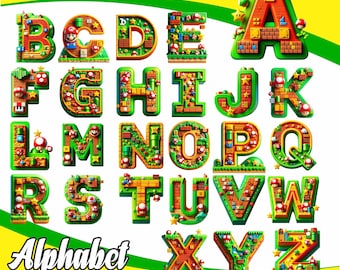 Super Mario Alfabet Clipart Pack, Alfabet PNG, Konst för Sublimering och Hantverk, Barnkalas - Videospelsalfabet