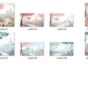 May include: A collection of watercolor landscape paintings featuring a winding path, trees, and flowers in shades of pink, blue, and green. Each painting has the word "cen&aacute;rio" and a number in the bottom corner.