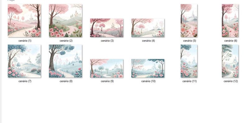 May include: A collection of watercolor landscape paintings featuring a winding path, trees, and flowers in shades of pink, blue, and green. Each painting has the word "cen&aacute;rio" and a number in the bottom corner.