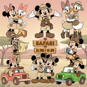 Könnte beinhalten: Eine Sammlung von Zeichentrickfiguren in beigen Safari-Outfits mit Hüten und Westen, einige tragen Schleifen mit Leopardenmuster. Das Bild zeigt ein Holzschild mit der Aufschrift SAFARI 56 PNG / 10 JPG, zwei Jeeps und eine Landkarte.