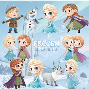 Puede incluir: Un conjunto de ilustraciones digitales con personajes de dibujos animados de Frozen, incluidos Elsa, Anna, Kristoff, Olaf y Sven. La colección muestra varias poses de los personajes sobre un fondo de montaña nevada con el texto Frozen 31 PNG / 15 JPG.