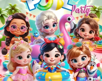 Cute Disney Princess Pool Party Clipart Pack - Princess Pool Party - Tropical Birthday Party - Summer PNG - Instant Download.