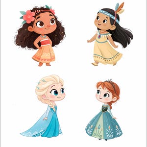 May include: Four cartoon illustrations of young girls in colorful outfits. One girl has brown curly hair and a flower crown, another wears a Native American-inspired dress, and the other two are dressed as princesses in blue and teal gowns.