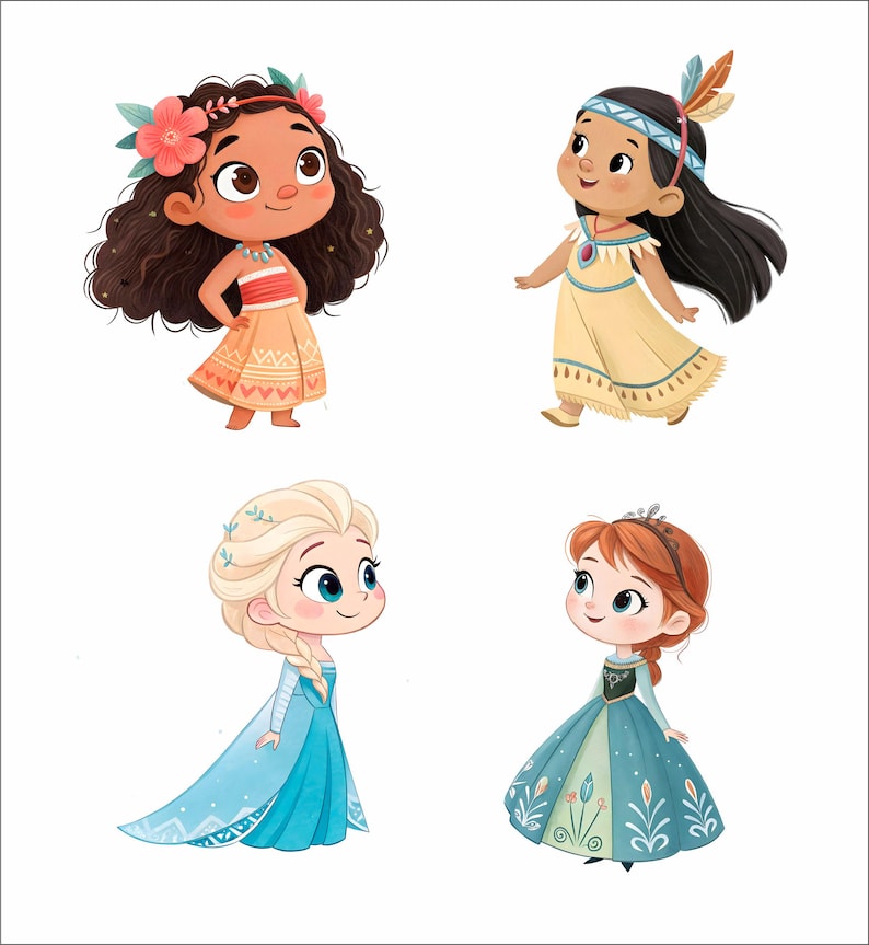 May include: Four cartoon illustrations of young girls in colorful outfits. One girl has brown curly hair and a flower crown, another wears a Native American-inspired dress, and the other two are dressed as princesses in blue and teal gowns.