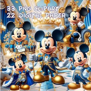 Puede incluir: Conjunto gráfico digital que incluye 33 imágenes prediseñadas PNG y 22 papeles digitales. La colección muestra a Mickey Mouse vestido con un traje azul real y dorado, con coronas y sosteniendo un cetro, sobre un fondo de palacio.
